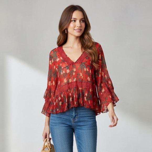Free People Tops - Free People Bright Lights Red Floral Chiffon Boho Peplum Top | S